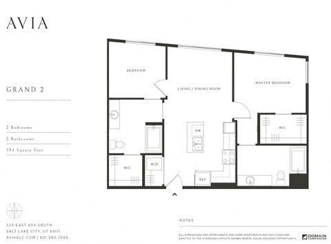 Floor plan for 2 beds, 2 baths, 954 sqft
